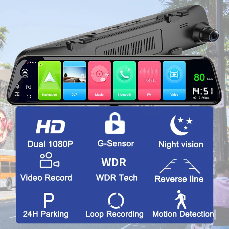 Двойной видеорегистратор 1080P 4G 12 дюймов Потоковое мультимедиа Android зеркало