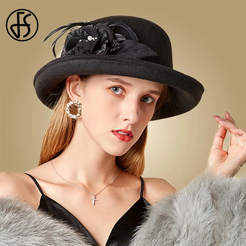 FS Women Black Cloche Hat Chapeau Casual Wool Fedora Hats Flower Feather Wide Brimmed Dome Cap High Quality Autumn Winter Caps
FS Women Black Cloche Hat Chapeau Casual Wool Fedora Hats Flower Feather Wide Brimmed Dome Cap High Quality Autumn Winter Caps