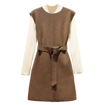 Woolen long-sleeved dress two-piece women's autumn winter temperament plus size sweater base dress waistband B298 
Woolen long-sleeved dress two-piece women's autumn winter temperament plus size sweater base dress waistband B298