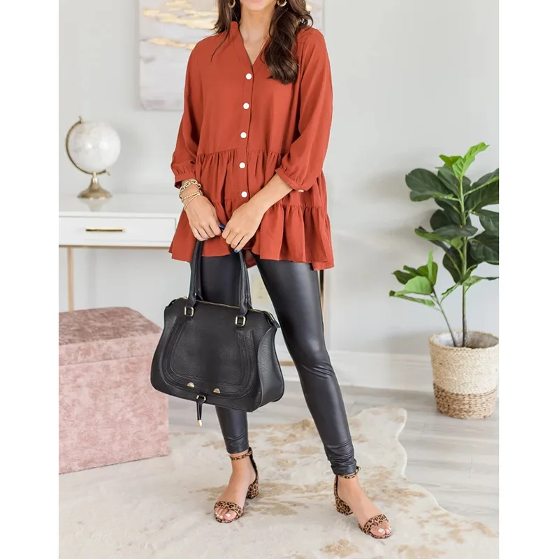 New Single-row Buckle Pleated Chiffon Womens Tops and Blouses In Autumn Long Sleeve V-Neck Solid Color Orange Women Blouses
New Single-row Buckle Pleated Chiffon Womens Tops and Blouses In Autumn Long Sleeve V-Neck Solid Color Orange Women Blouses