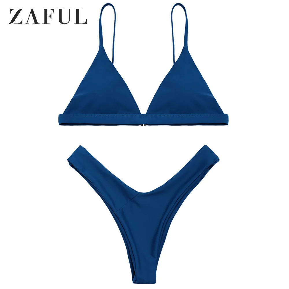 

ZAFUL Spaghetti Straps Soft Pad Thong Bikini Set solid color swimwear women bikini 2019 Candy Multi coior