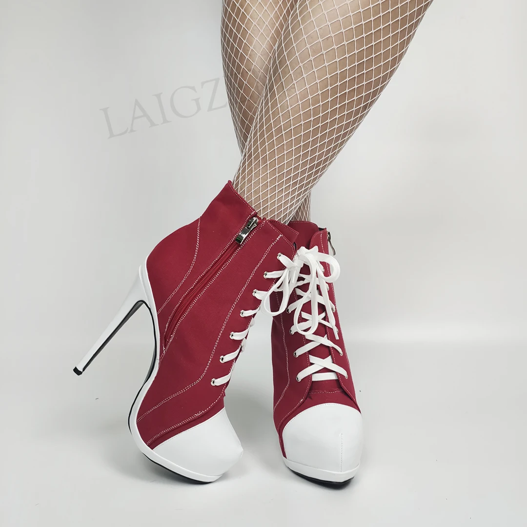 

LAIGZEM FASHION Women Platform Booties Canvas Side Zip High Heel Short Ankle Boots Shoes Woman Ladies Large Size 34 46 48 52