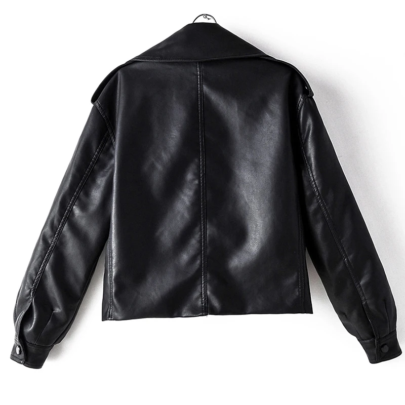 Black Red Women Faux Leather Jacket Pu Motorcycle Biker Coat Turn Down Collar Soft Faux Ladies Punk Outerwear Loose Streetwear