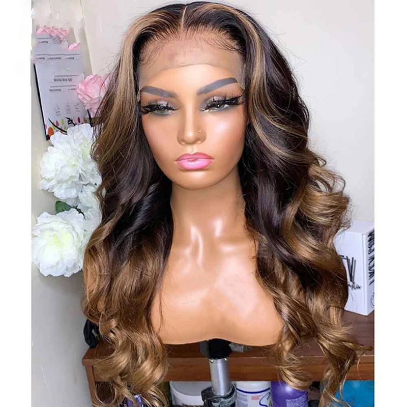 Ombre Colored Human Hair Wigs Deep Part Honey Blonde Highlighted Wigs Natural Wave Remy Preplucked Ombre Brown Lace Front Wig