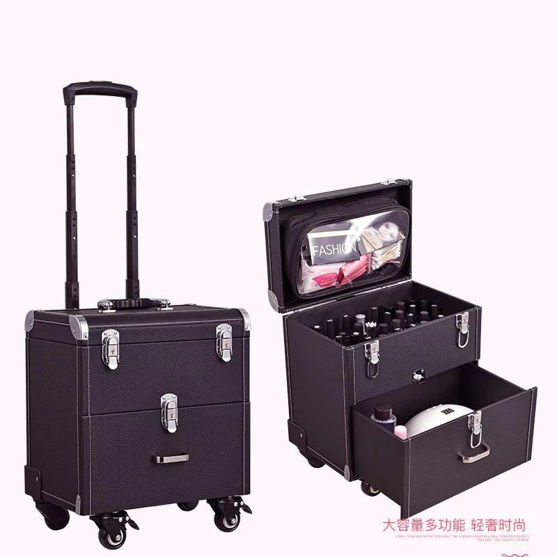 

New Nail tattoo Rolling luggage Men multifunction trolley suitcases Women high quality Makeup Toolbox cosmetic case with wheel