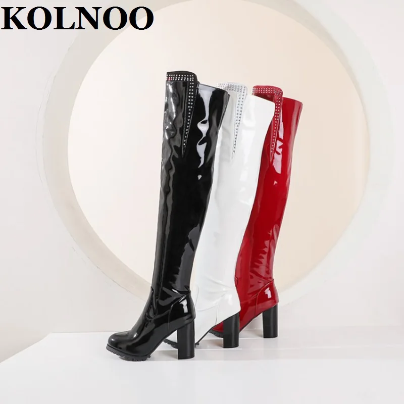 

KOLNOO Handmade New Womens Chunky Heels Over-knee Boots Patent Leather Three Colour Sexy Night-Club Evening Fashion Long Shoes