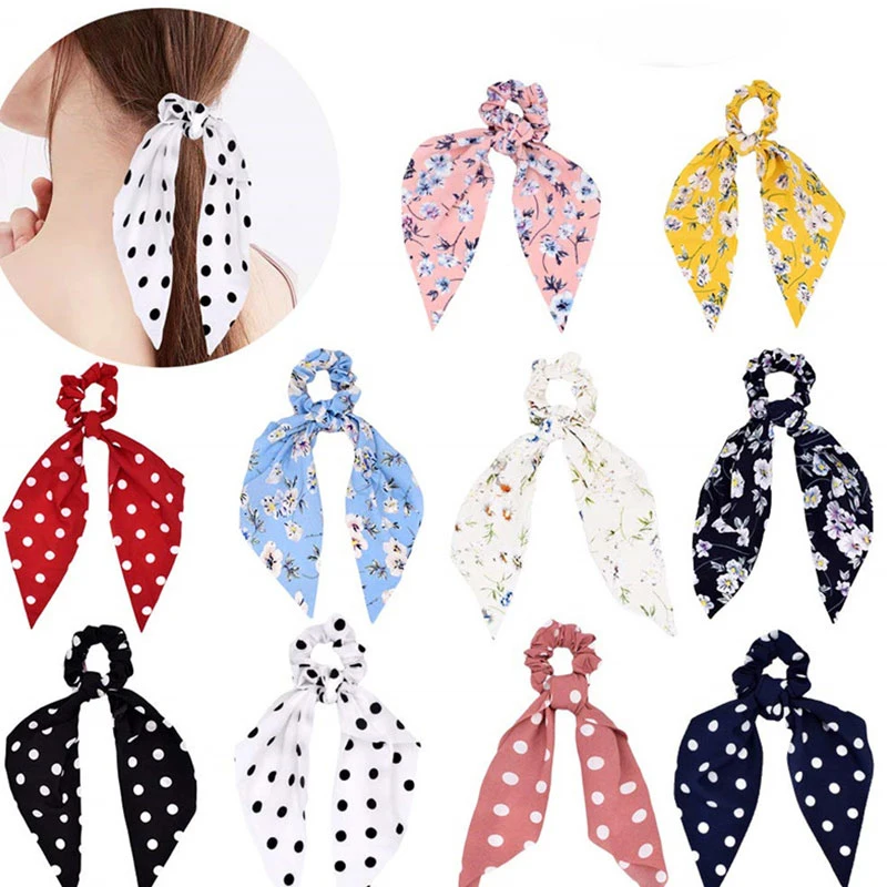 Women Streamers Scrunchies Polka Dot Floral Print Elastic Bow Hair Rope Girl Hair Ties Korean Sweet Hair Accessories Headwear