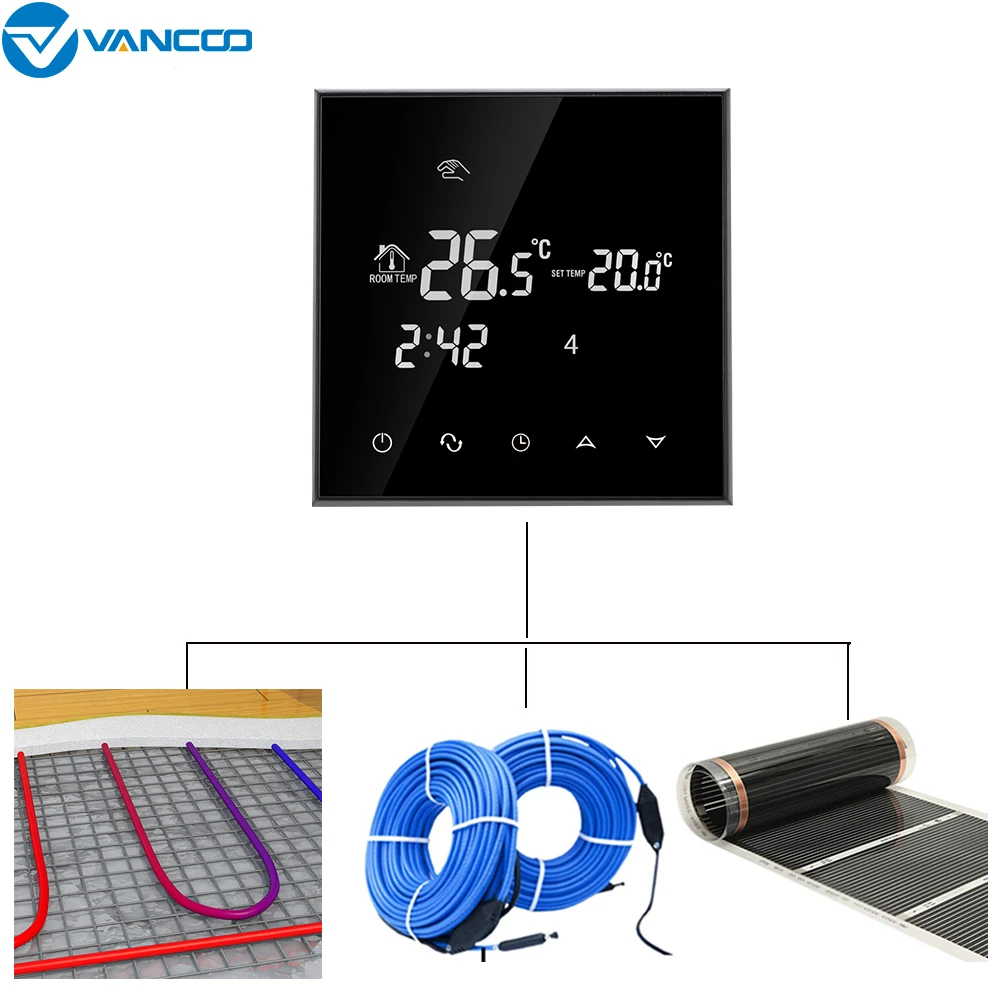 Vancoo Touch Screen LCD Display Room Thermostat for Electric Underfloor Heating Temperature Regulator Weekly Programmable Black
Vancoo Touch Screen LCD Display Room Thermostat for Electric Underfloor Heating Temperature Regulator Weekly Programmable Black