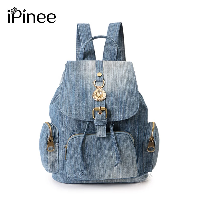 iPinee Fashion Denim Diamond Decorate Backpack Women Girl Shopping laptop Bag for School College Travel |