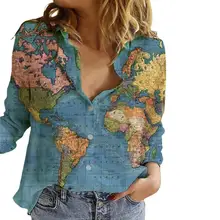 World Map Print Shirt Lady Long Sleeve Blouse Summer Daily Causal Tops Single-breasted Turn-down Collar Geography Pattern Shirt