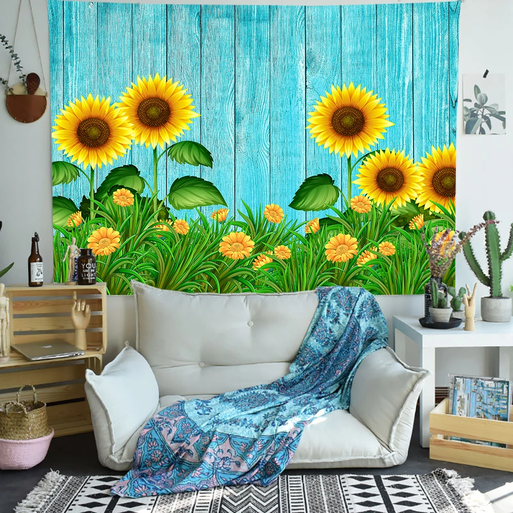 

Simsant Autumn Sunflower Tapestry Grass Blue Wooden Board Art Wall Hanging Tapestries for Living Room Home Dorm Decor