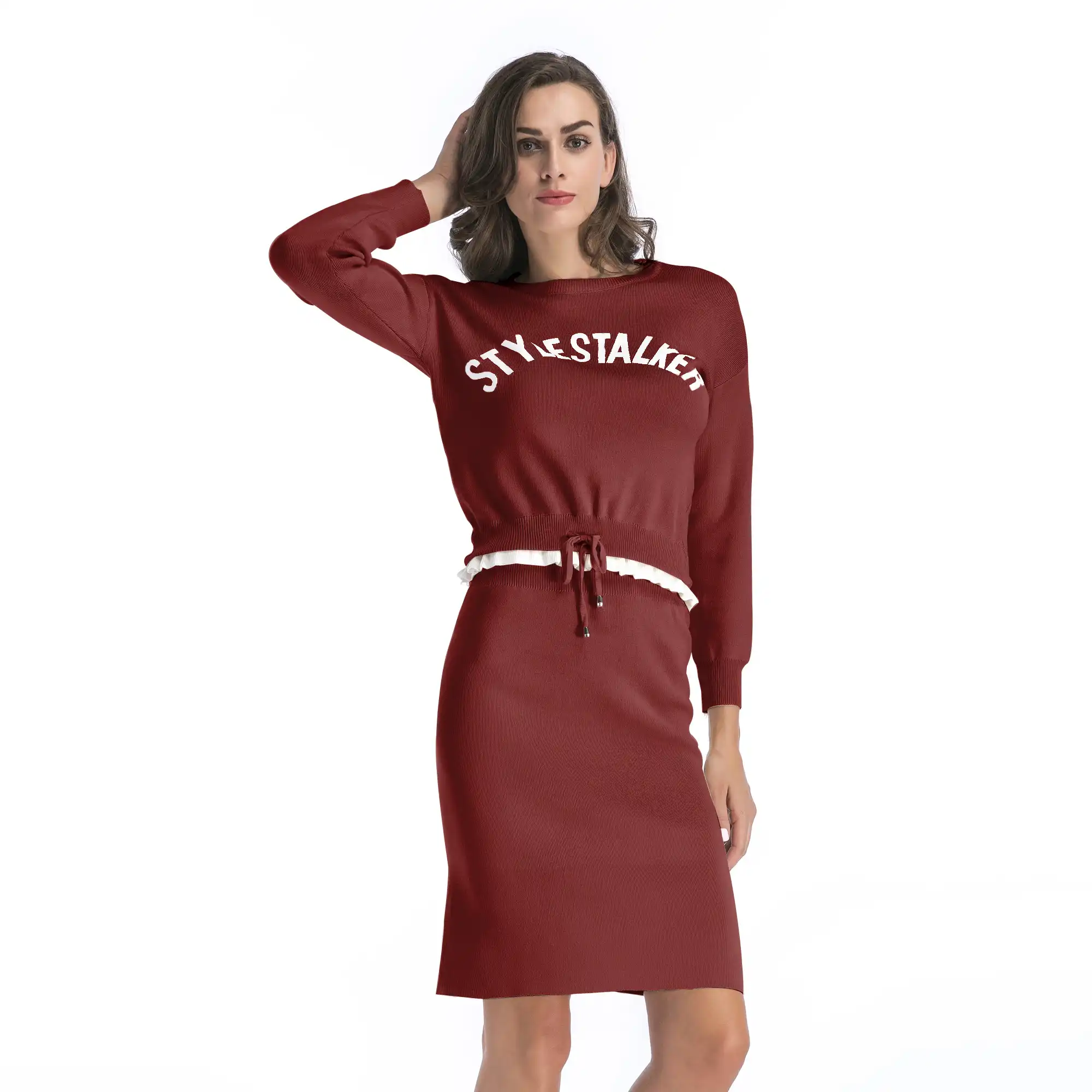 long sleeve print sweater   knit skirt sweater casual suit two