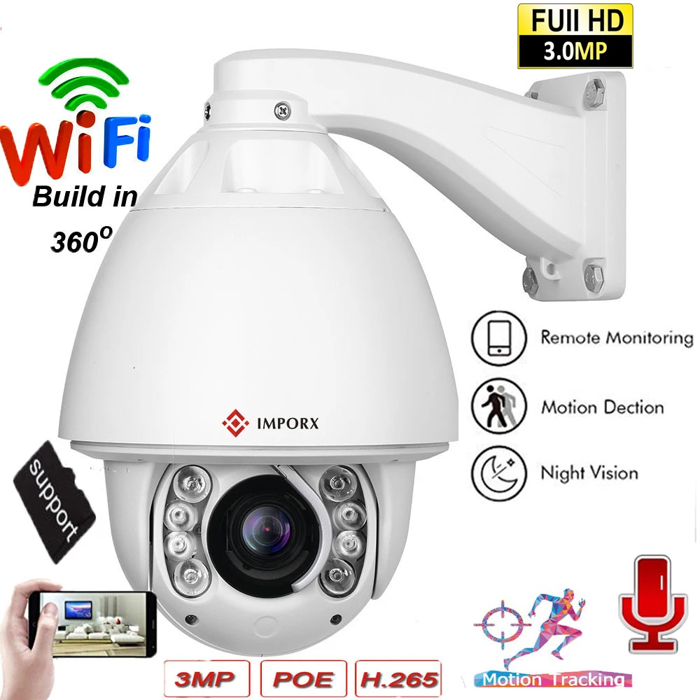 

3MP PTZ POE Camera Auto-Tracking-Tracker 30x Zoom Security High-Speed Dome WiFi IP Camera Mobile-View H.265 P2P Audio-In-Out SD