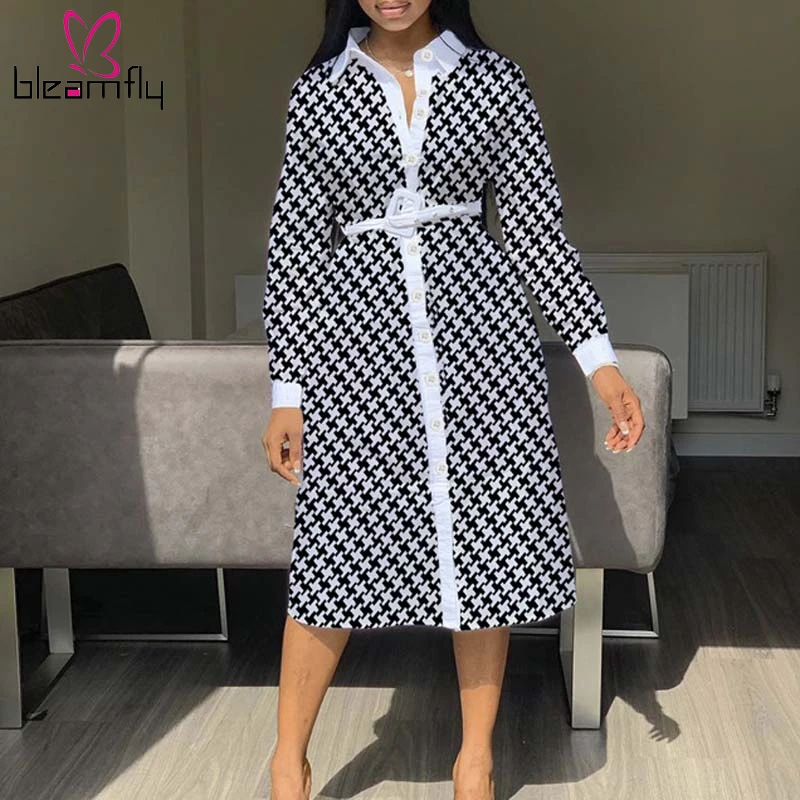 Autumn Spring Women Houndstooth Print Turn-down Neck Button Up Blouse Dress Lady Elegant Office Work Long Sleeve Shirt Dresses
Autumn Spring Women Houndstooth Print Turn-down Neck Button Up Blouse Dress Lady Elegant Office Work Long Sleeve Shirt Dresses