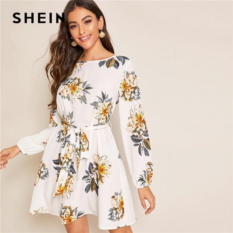 SHEIN белое платье с цветочным принтом и вырезом на спине поясом женское осеннее