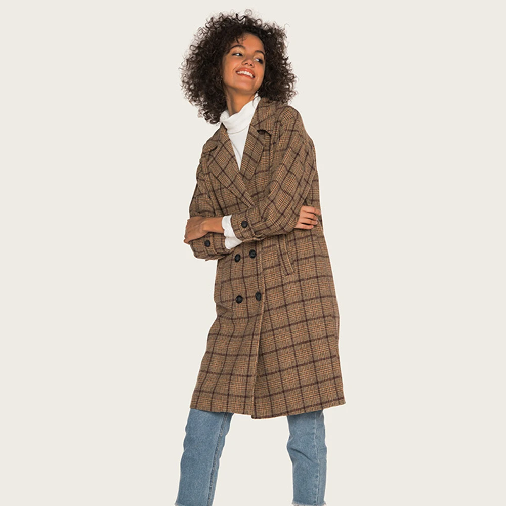 Фото 2019 осенне-зимнее клетчатое шерстяное пальто в стиле ретро женское теплое длинное