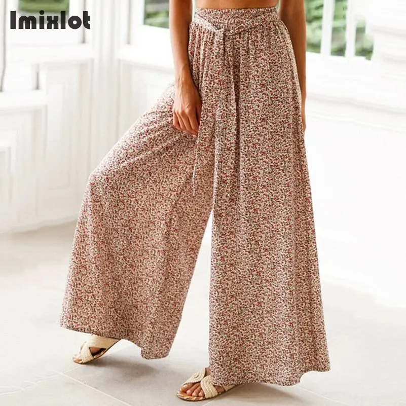 Imixlot женские широкие брюки с цветочным принтом летние пляжные высокой талией