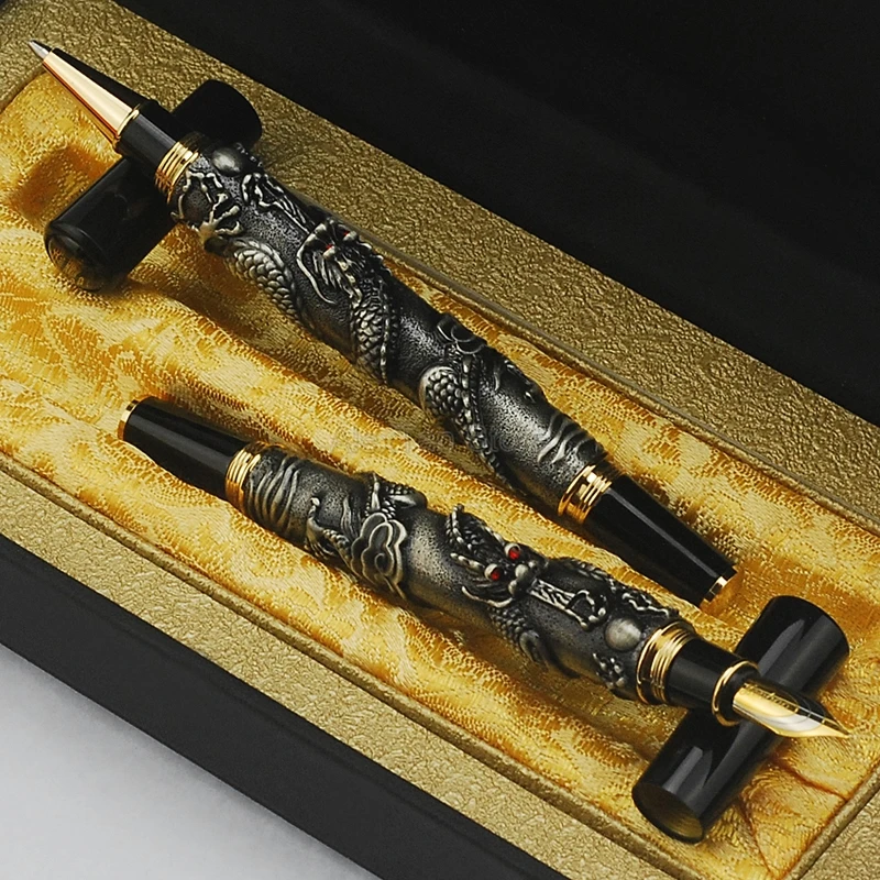 

Jinhao Business Gray Fountain Pen, Rollerball Pen Oriental Dragon Series Heavy Pen Iridium Fine Nib Gray W/Gift Box Set