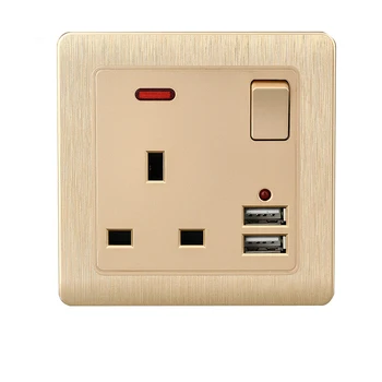 Wall Power Socket 13A UK Standard Switched Outlet 2.1A Dual USB Fast Charger Port LED indicator Gold Brushed Panel 
Wall Power Socket 13A UK Standard Switched Outlet 2.1A Dual USB Fast Charger Port LED indicator Gold Brushed Panel