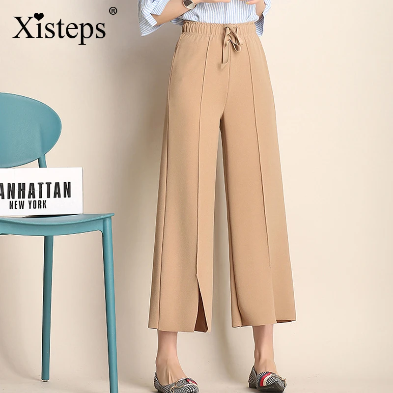 Xisteps Elastic High Waist Wide Leg Loose Spit Sash Linen Elegant Solid Color Female Spring Summer Capris Offce Lady Trousers
Xisteps Elastic High Waist Wide Leg Loose Spit Sash Linen Elegant Solid Color Female Spring Summer Capris Offce Lady Trousers