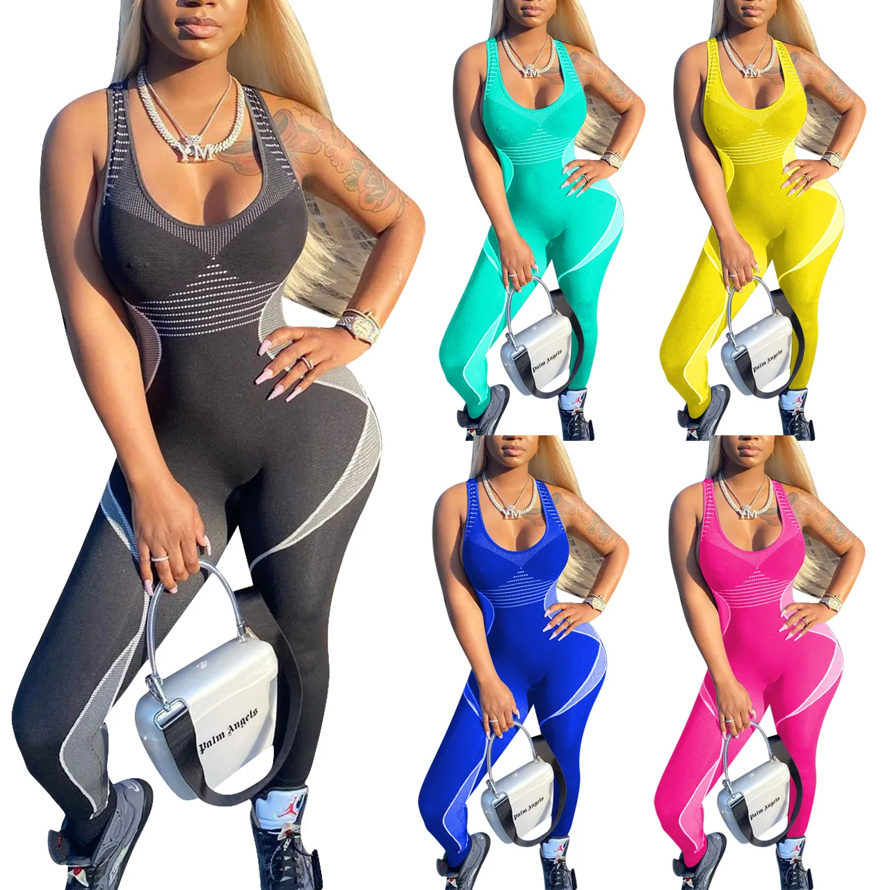 

Women Sports Fitness Jumpsuit Sleeveless Printed Tank Bodycon Long Pencil Pants Bodysuit Sexy Romper Playsuit Onesies Overalls