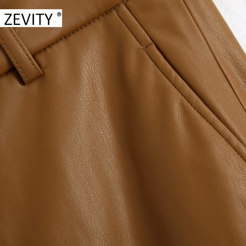 ZEVITY Women fashion solid PU leather straight pants female zipper fly casual slim long Trousers chic autumn business pants P935