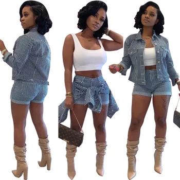 Women Fashion Cotton Long Sleeve Striped Pocket Sexy Two Piece High Street Hot Shorts Jacket Suit Wholesale Dropshpping 
Women Fashion Cotton Long Sleeve Striped Pocket Sexy Two Piece High Street Hot Shorts Jacket Suit Wholesale Dropshpping