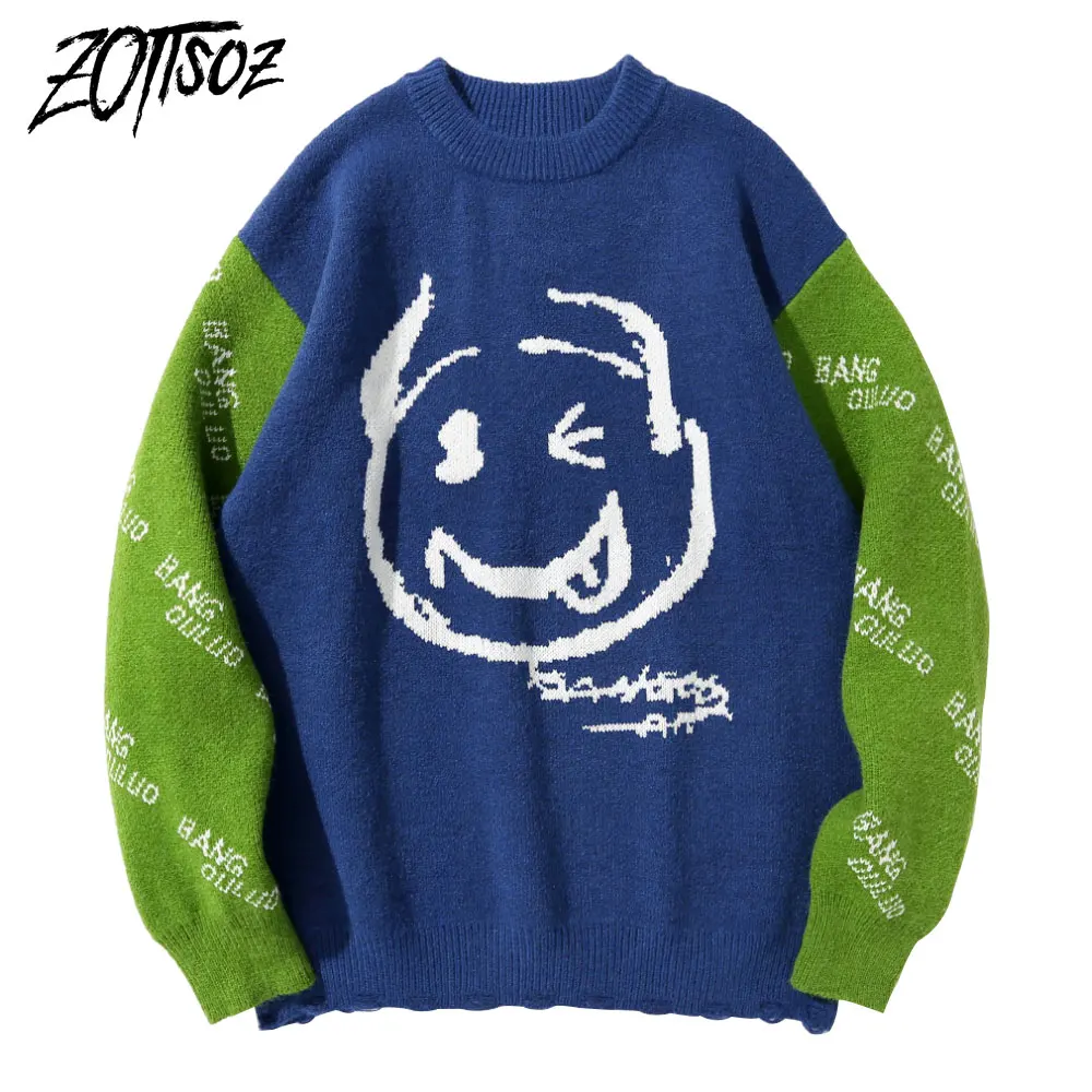 ZOTTSOZ Pullover Jumpers Men Women Ripped Destroyed Holes Knitted Smile Face Color Block Patchwork Hip Hop Streetwear Sweaters
ZOTTSOZ Pullover Jumpers Men Women Ripped Destroyed Holes Knitted Smile Face Color Block Patchwork Hip Hop Streetwear Sweaters