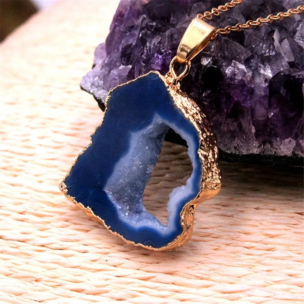 

Wholesale 6pc/lot Natural special-shaped agates blue cavity section pendant irregular crystal cavity plating coating gold