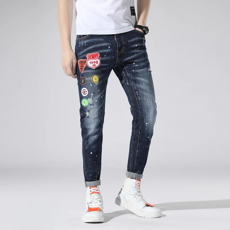 

New mens jeans ripped jeans for men torn painted skinny pants elastic slim trousers embroidery hip hop Autumn Spring blue