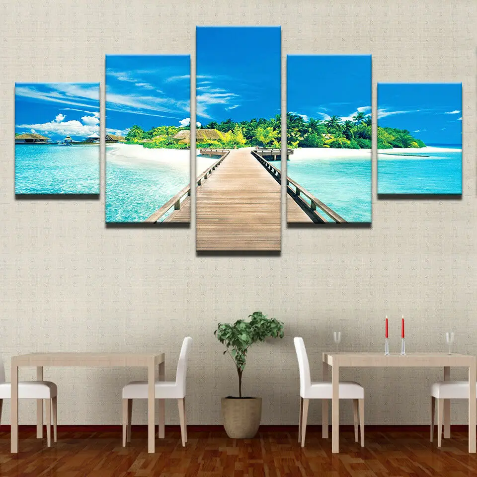 

No Framed Canvas 5Pcs Wooden Bridge Tropical Beach No Yaiba Wall Art Posters Pictures Home Decor Paintings Decorations