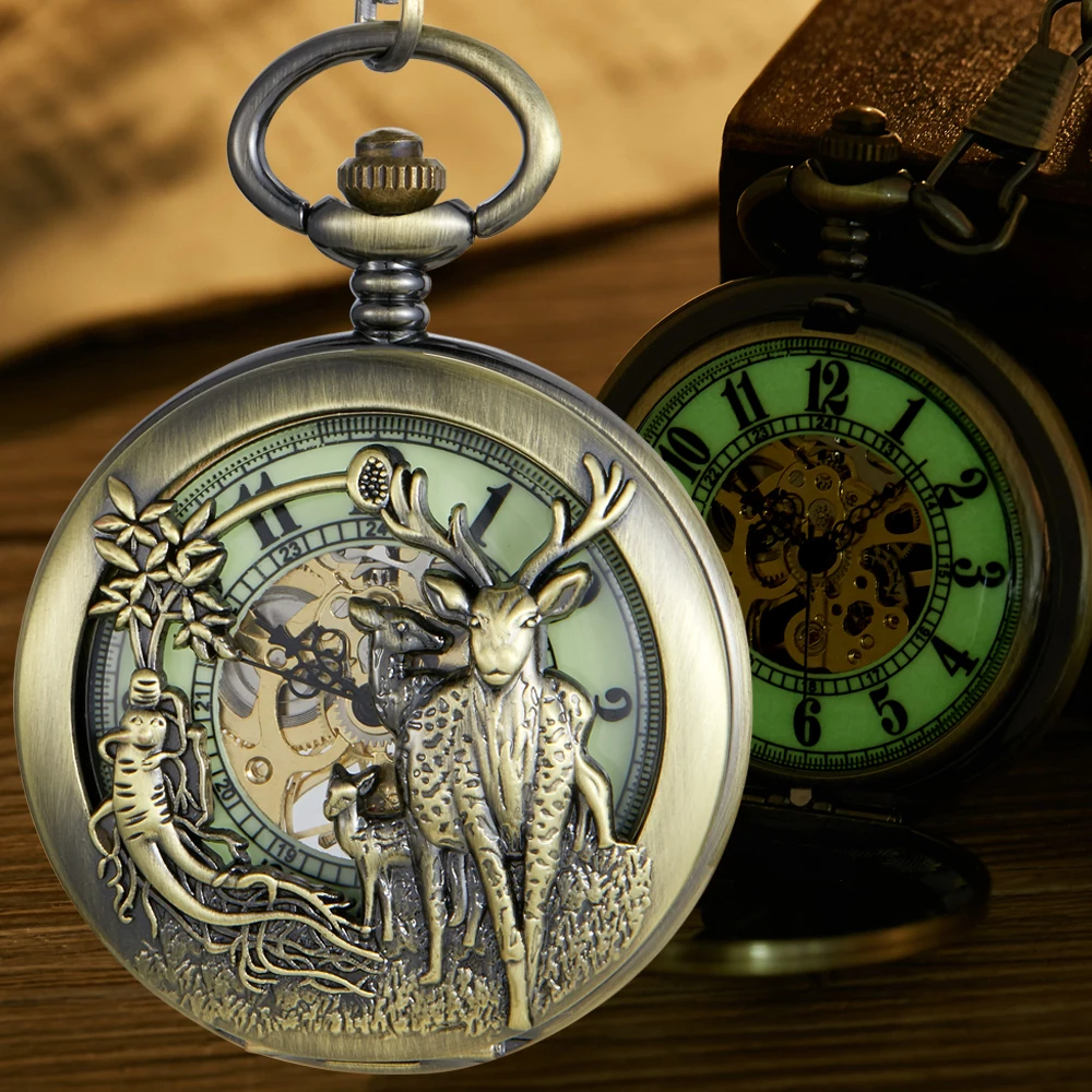 Hollow Luminous Deer Skeleton Mechanical Pocket Watch Double Open Cover Fob Chain Gift Men Steampunk Pendant Gifts Women
Hollow Luminous Deer Skeleton Mechanical Pocket Watch Double Open Cover Fob Chain Gift Men Steampunk Pendant Gifts Women