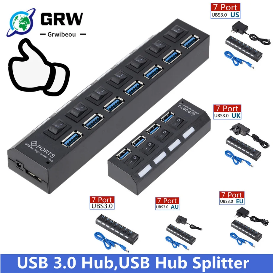 

USB 3.0 Hub USB Hub 3.0 Multi USB Splitter 3 Hab Use Power Adapter 4/7 Port Multiple Expander 2.0 USB3 Hub with Switch for PC