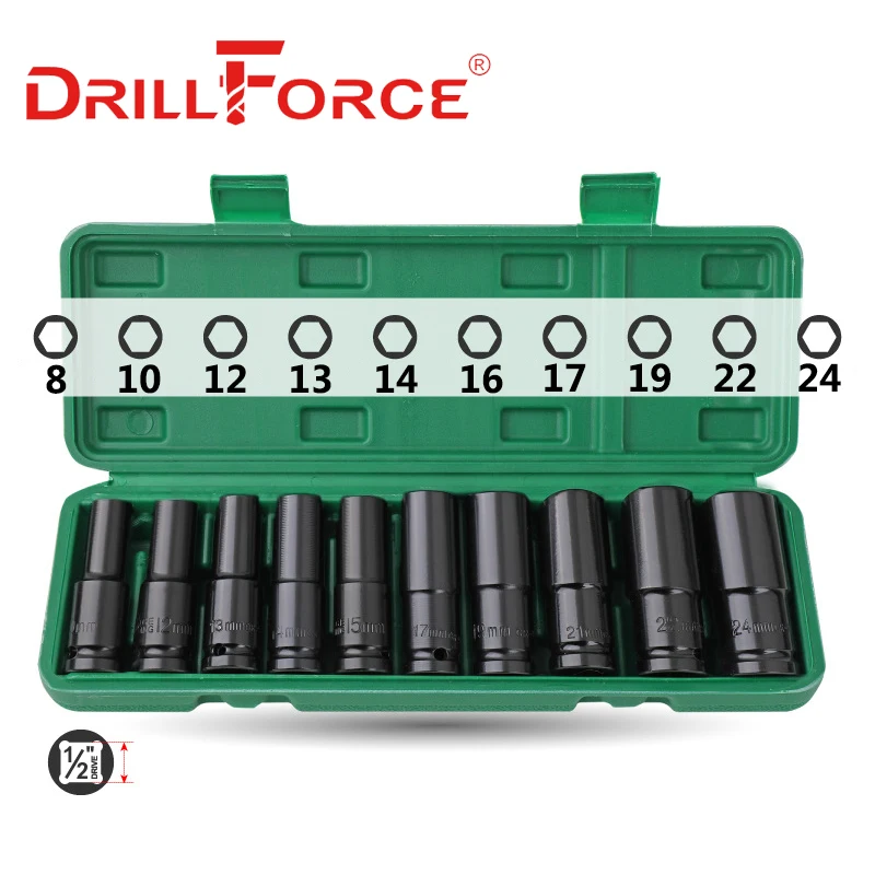 

Drillforce 10PCS 8-24mm 1/2" Wrench Sockets Set Tool Drive Adapter Spanner Converter Reducer Electric Impact Hex Wrench Socket