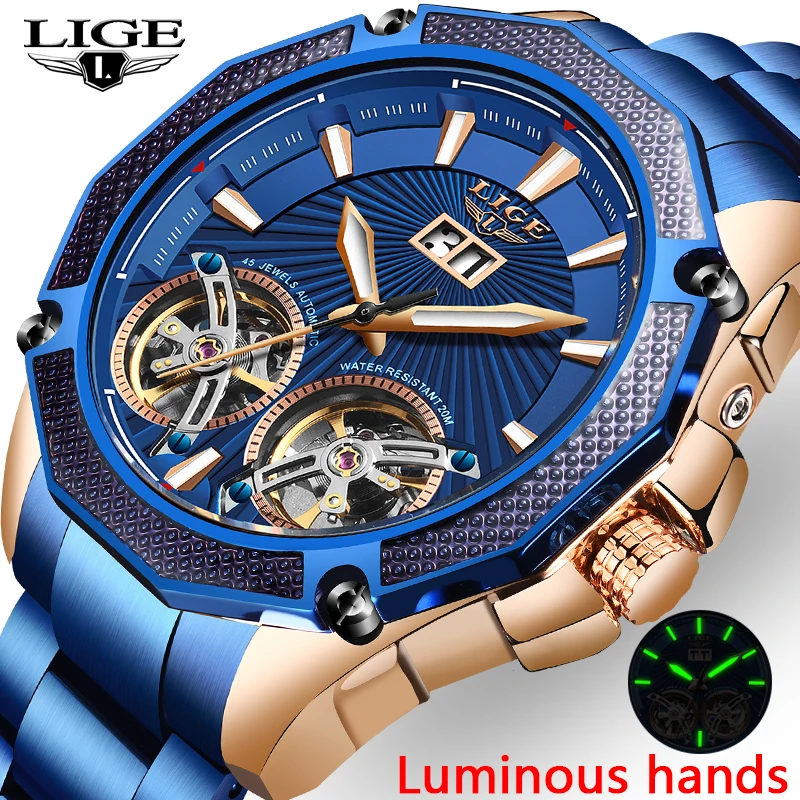 Часы Relogio LIGE Мужские механические брендовые Роскошные автоматические синие