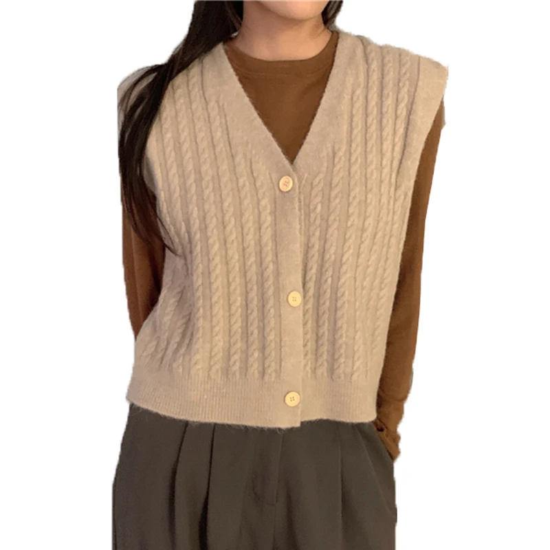 

Ladies Sweater Vest Cardigan Spring Autumn V-Neck Soft Twist Knitted Women's Waistcoat Short Sleeveless Jacket Female Tops W351