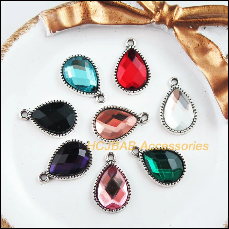 

16 New Teardrop Charms Tibetan Silver Tone Retro Mixed Crystal Pendants 13x19.5mm