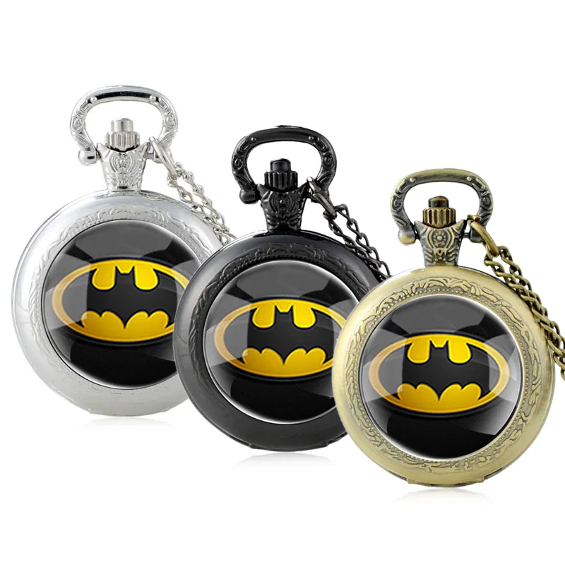 

Classic Black Batmen Symbol Glass Cabochon Quartz Pocket Watch Vintage Men Women Pendant Necklace Chain Clock Gifts