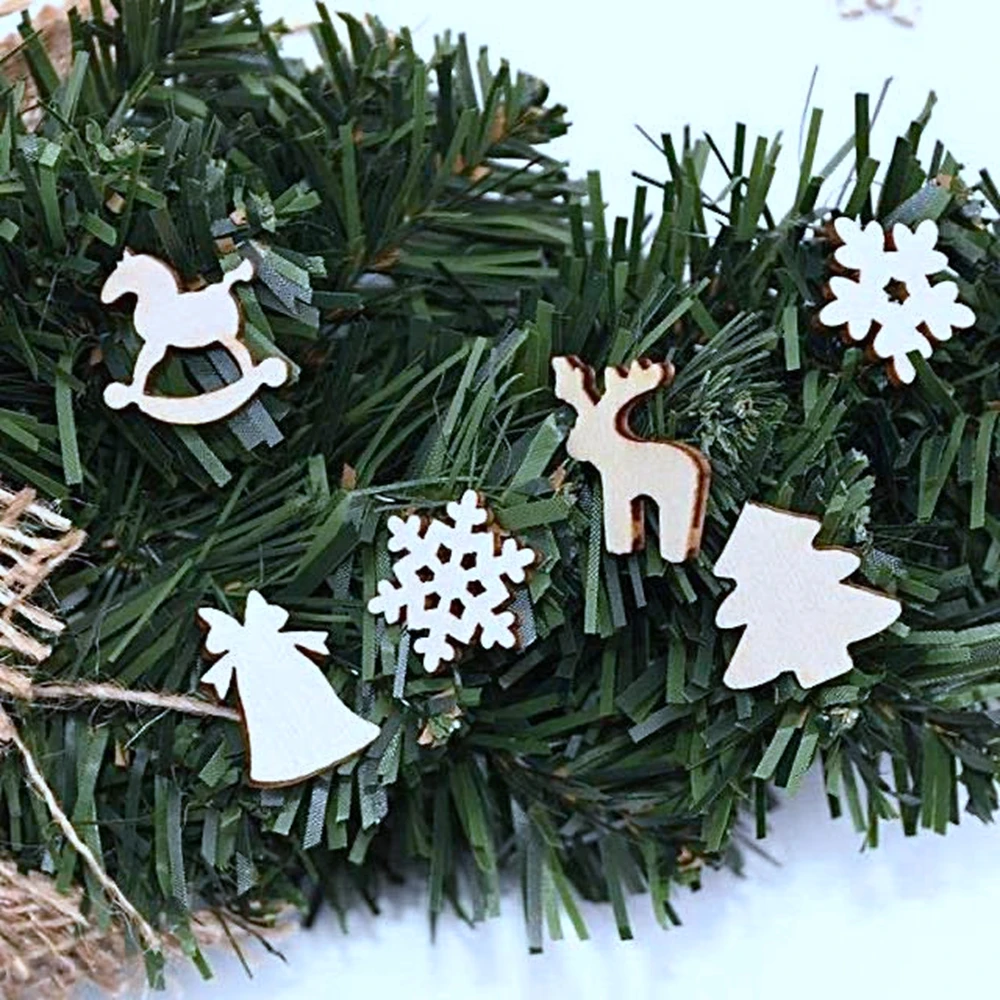 

100Pcs Mixed Wooden Chips Christmas Tree Embellishments Ornaments DIY Cutouts Crafts Snowflakes Elk Bell Pendant Home Decortions