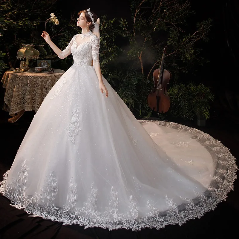 Robe de mariée à manches trois quarts et col haut, robe de Rhlongue, robe de princesse, luxe, traîne, Plus, 1m, 2021 3
