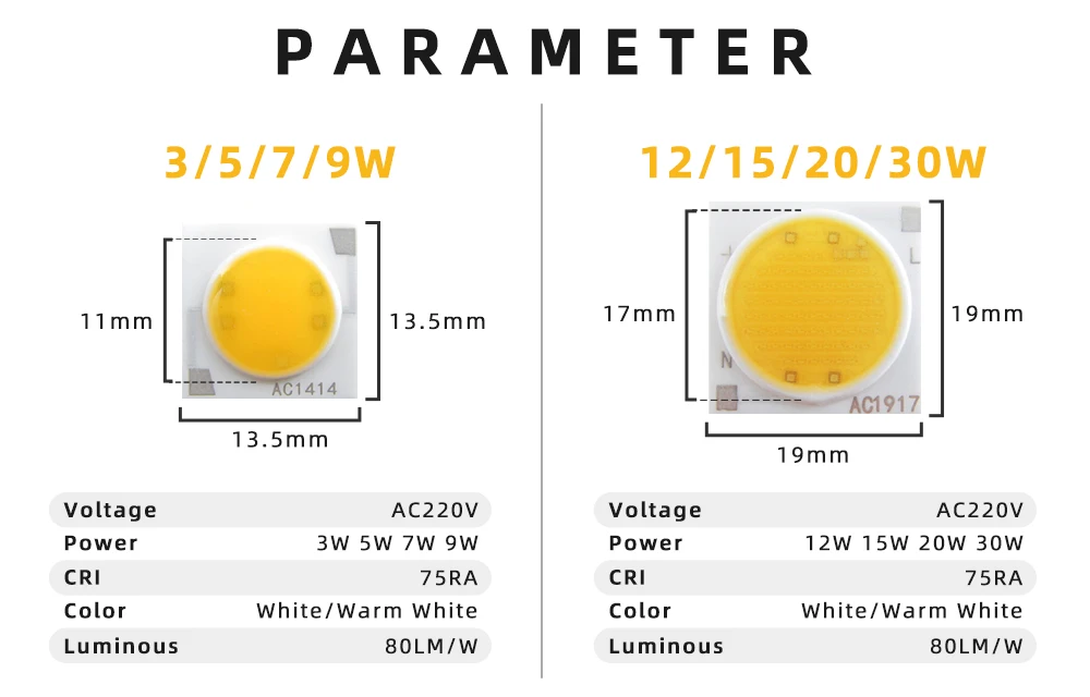 Description Picture 2 of item10pcs/ Lot AC220V COB LED Chips Square 3W 5W 7W 9W 12W 15W 20W 30W Surface Light Source LED Beads AC1917 AC1414 For Flood Light