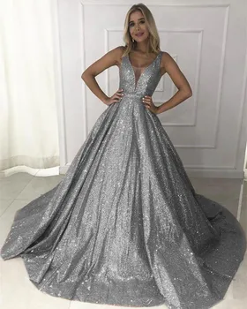 Gray Prom Dresses Ball Gown V-neck Sequins Sparkle Backless Long Prom Gown Evening Dresses Robe De Soiree 
Gray Prom Dresses Ball Gown V-neck Sequins Sparkle Backless Long Prom Gown Evening Dresses Robe De Soiree