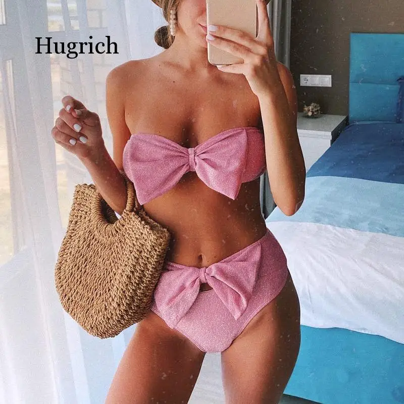 

High Waist Bikinis 2020 Swimsuits Bandeau Swimwear Women Shiny Bow Biquini Solid Strapless Bathers Bathing Suit Women New