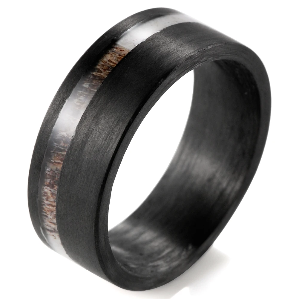 

8mm Bullet Unidirectional Black Carbon Fiber Ring Antler Inlay Men’s Antler Wedding Band Engagement Anniversary Rings For Men