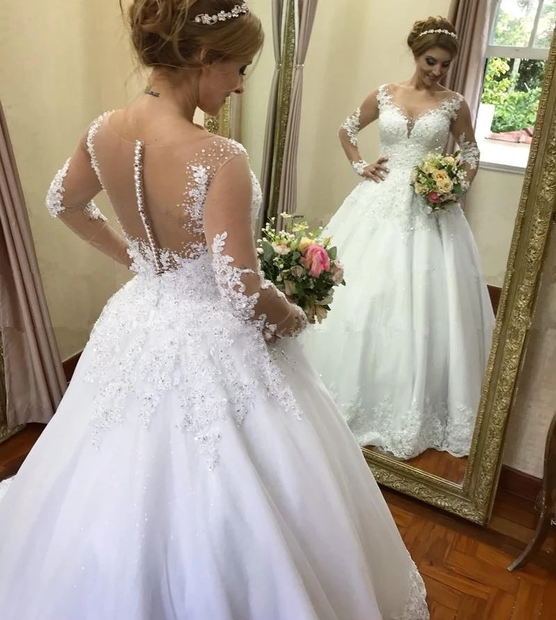 

vestido de noiva Illusion Ball Gown Wedding Dresses 2019 Long Sleeve Wedding Dress Lace Appliques Beads Robe de Mariee Casamento