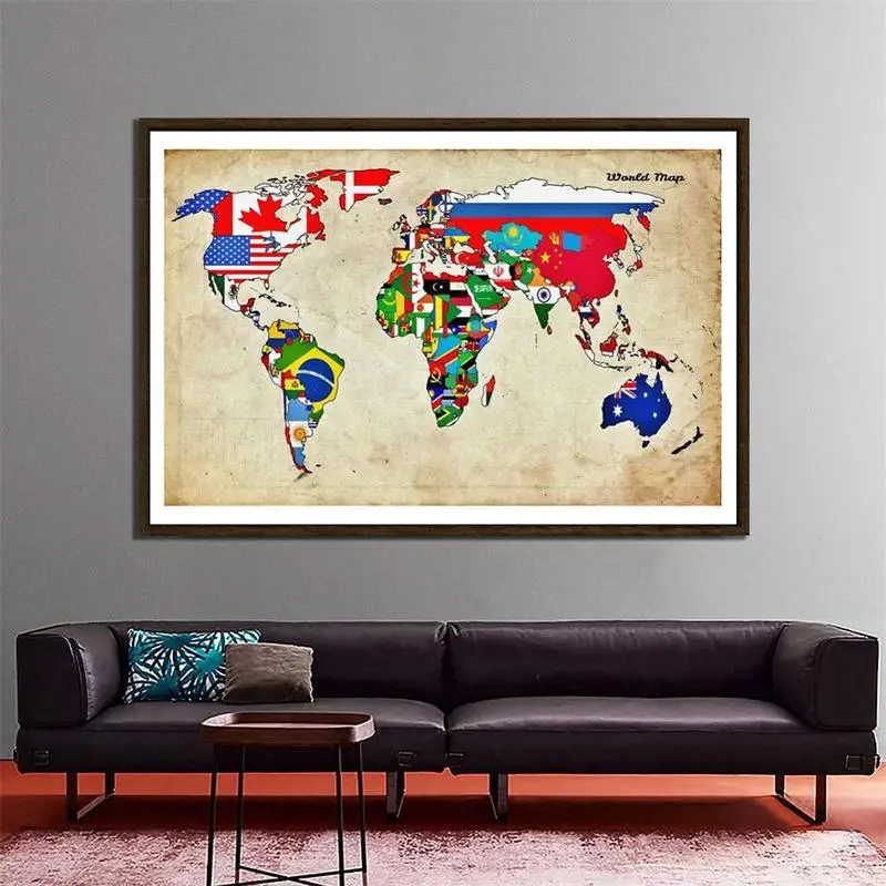 150x225 см Нетканая карта мира сделай сам с национальными флагами складная без