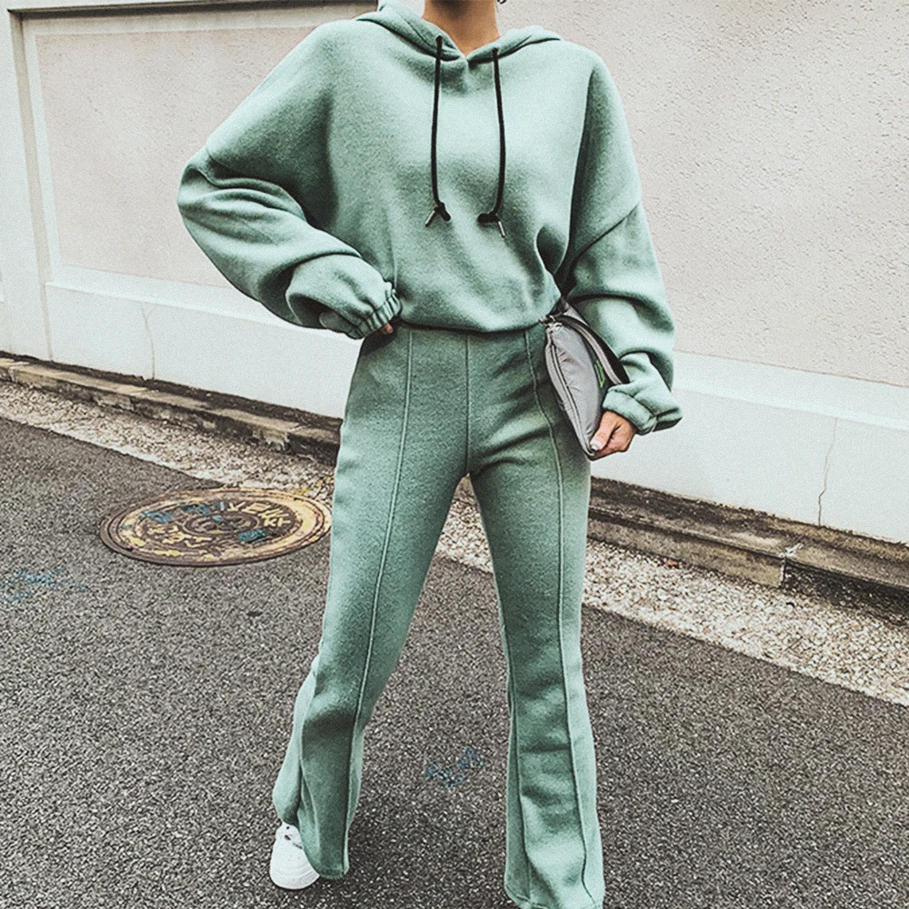 Minimalist 2 Piece Set Fall 2020 Drawstring Hooded Flare Pants Elastic Waist Suit Comfy Athleisure Fashion Winter Clothes Women
Minimalist 2 Piece Set Fall 2020 Drawstring Hooded Flare Pants Elastic Waist Suit Comfy Athleisure Fashion Winter Clothes Women