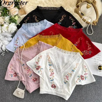 High Quality Retro Floral Embroidery Crop Tops Women Hollow Lace Trim V-neck Butterfly sleeve High waist Holiday Chiffon Shirt
High Quality Retro Floral Embroidery Crop Tops Women Hollow Lace Trim V-neck Butterfly sleeve High waist Holiday Chiffon Shirt