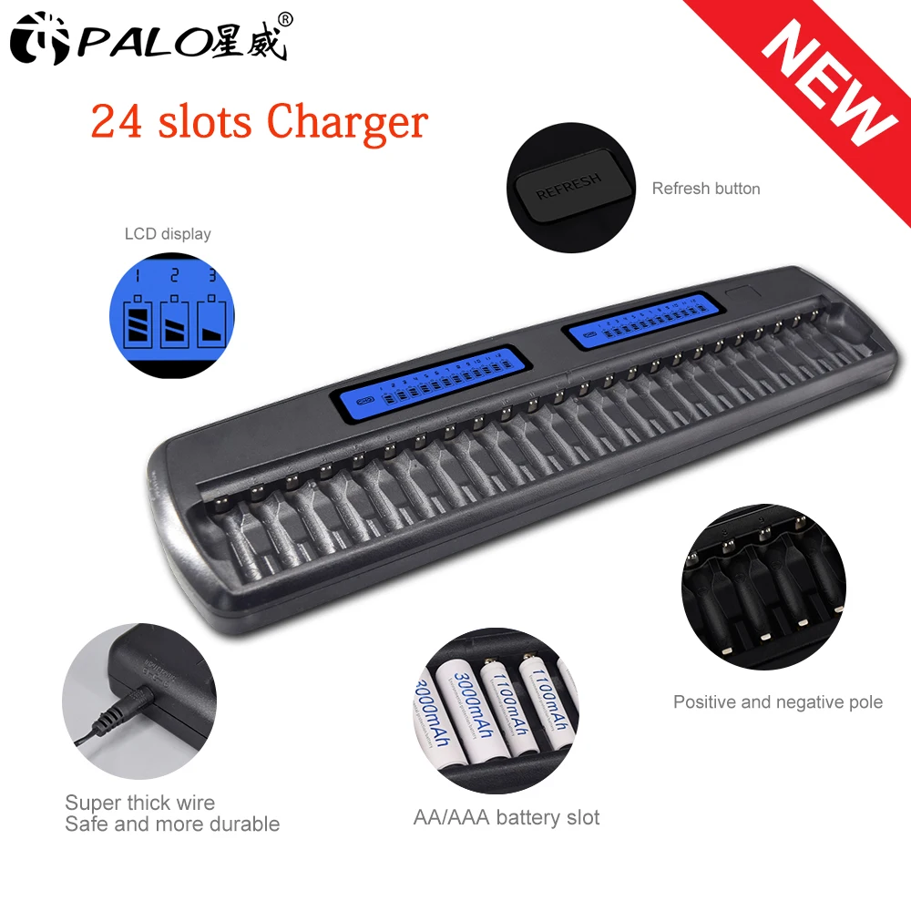 PALO 24 слота ЖК-дисплей умное интеллектуальное зарядное устройство для AA/AAA батареи