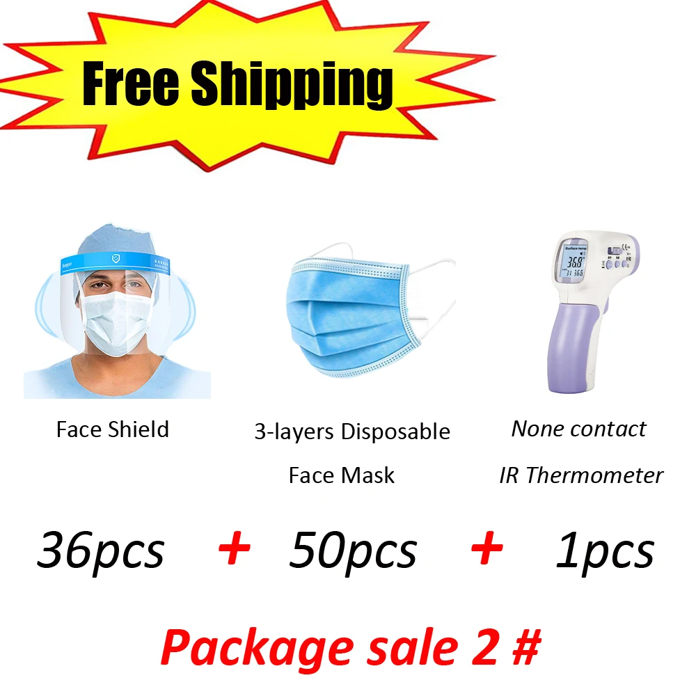 FREE SHIPPING 3-layer Disposable Face Protective Mask+ Anti-fog, Hi-transparency PET Face Shield+Accurate Infred Thermometer kit
FREE SHIPPING 3-layer Disposable Face Protective Mask+ Anti-fog, Hi-transparency PET Face Shield+Accurate Infred Thermometer kit